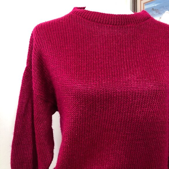 VTG 80s Garland Fuchsia Knit Sweater Tag L (Fit M) Pocket Detail Retro Fuzzy USA - Picture 3 of 11